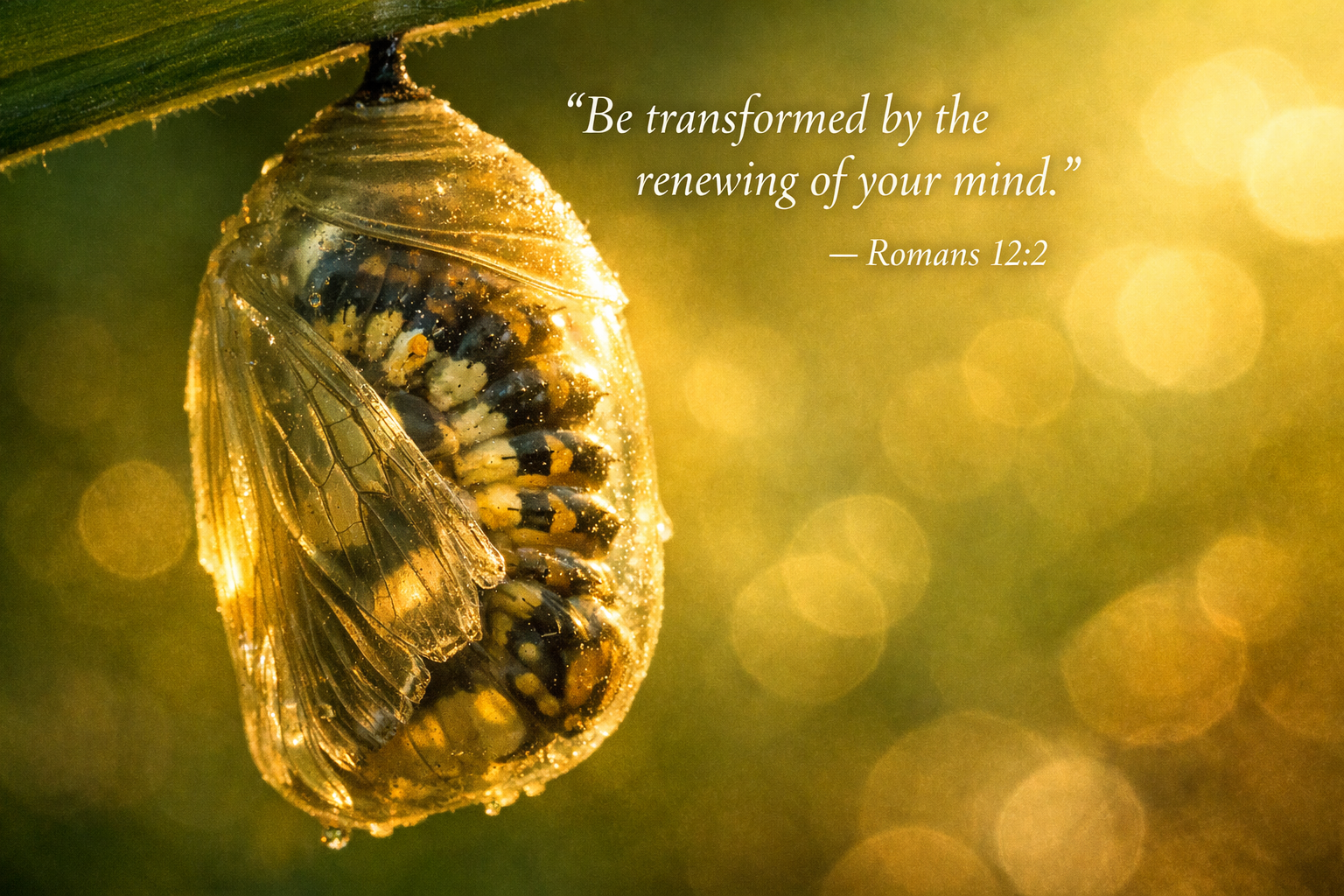 Caterpillar mid-metamorphosis inside transparent chrysalis, neither what it was nor what it will be, macro shot backlit green and gold tones, text Be transformed by the renewing of your mind Romans 12:2 -- HD wallpaper